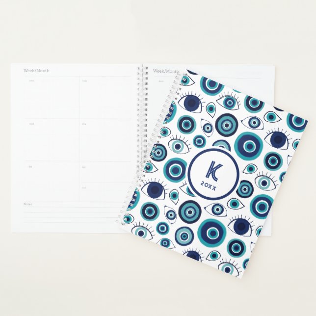 Agenda Monograma Chic Azul Branco Olho Grego do Mal (Exibição)