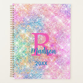 Agenda Monograma cintilante branco iridescente, cor-de-ro