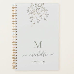 Agenda Monograma Cinza Personalizado de Aquarela Botânica