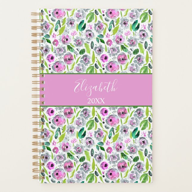 Agenda Monograma Cinza Rosa Verde Boho Watercolor Floral (Frente)