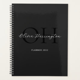 Agenda Monograma Clássico de Script Branco e Preto Modern
