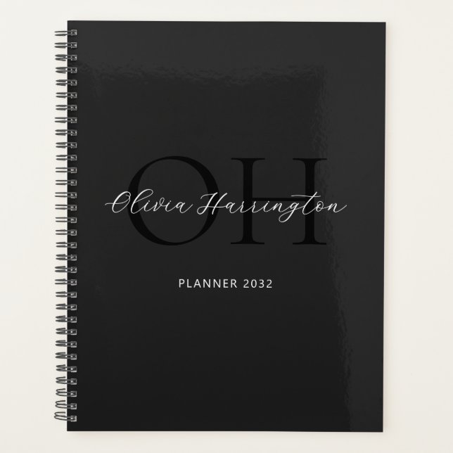 Agenda Monograma Clássico de Script Branco e Preto Modern (Frente)