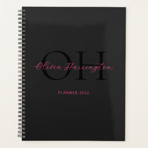 Agenda Monograma Clássico de Script Preto e Rosa Moderno
