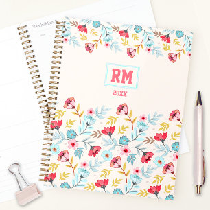 Agenda Monograma Colorido de Creme Azul Cor-de-Rosa Flora