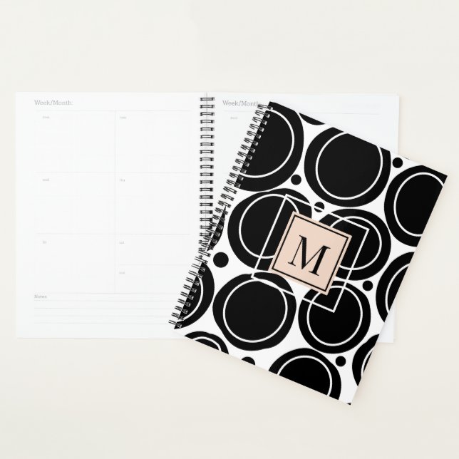 Agenda Monograma Cor-de-rosa branco preto-Abstrato modern (Exibição)