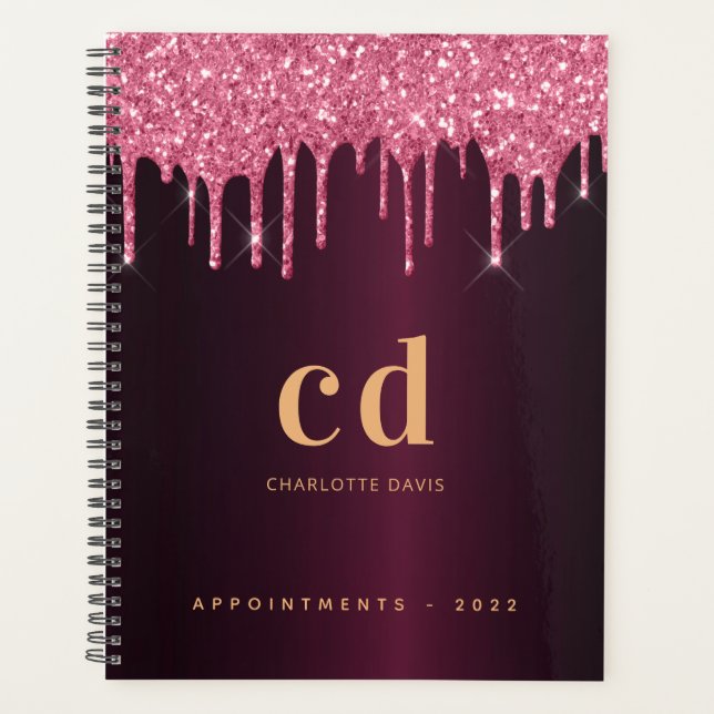 Agenda Monograma cor-de-rosa com brilho (Frente)