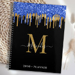 Agenda Monograma das gotas Douradas de brilhante azul-esc<br><div class="desc">Planejador de calendário monograma personalizado. Mantenha todos os seus compromissos e agendamento disponíveis com nosso moderno e elegante planejador de brilho preto e ouro com monograma personalizado inicial e nome. Esse planejador exclusivo é perfeito para planejamento de escritório, agenda escolar, compromissos familiares e agendamentos de negócios de trabalho. Veja nossa...</div>