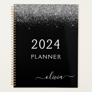 Agenda Monograma de 2022 com Glitter Preto Prateado