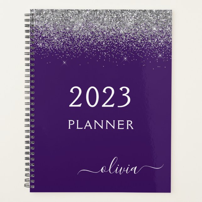 Agenda Monograma de 2022 Silver Purple Glitter Sparkle (Frente)