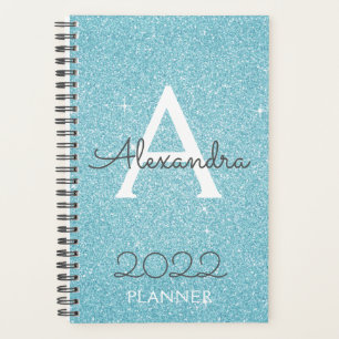 Agenda Monograma de 2022 Teal Aqua Blue Glitter Sparkle