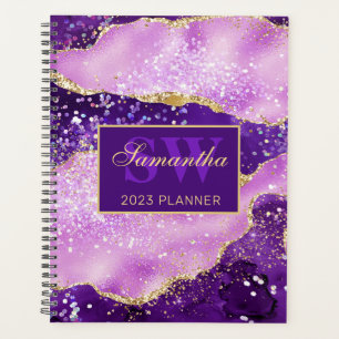 Agenda Monograma de Ágata Elegante com Brilho Roxo e Dour