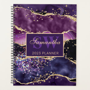 Agenda Monograma de Ágata Elegante Roxo Escuro e Dourado