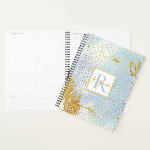 Agenda Monograma de aquarela azul clara e de confete de o