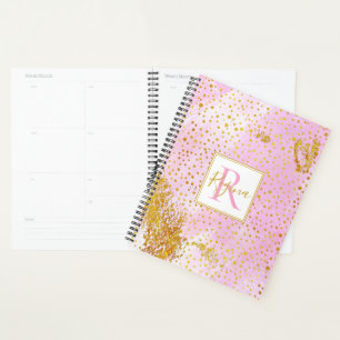Agenda Monograma de aquarela cor-de-rosa e confete de our