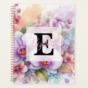 Agenda Monograma de aquarela floral com flores de orquíde
