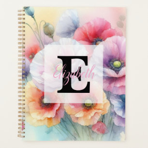 Agenda Monograma de aquarela floral com flores de papoula