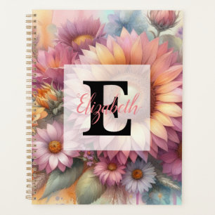 Agenda Monograma de aquarela floral rosa amarelo girassol