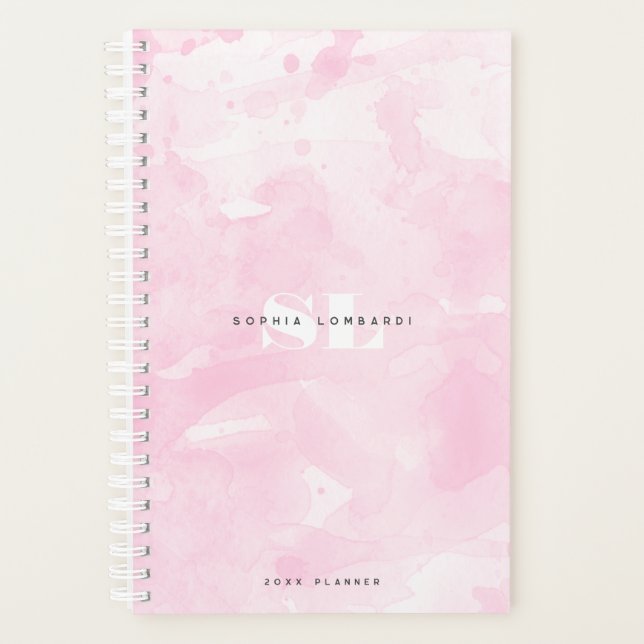 Agenda Monograma de Aquarela Rosa Minimalista (Frente)