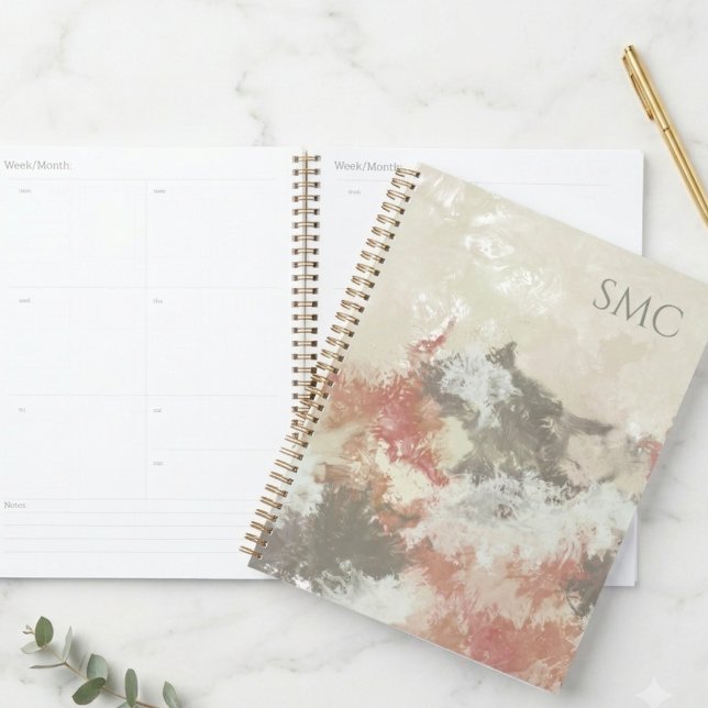Agenda Monograma de Arte Abstrata Fluida em Tons Terrosos (A sophisticated earth tone abstract notebook, perfect for elevated desk organization.)