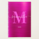 Agenda Monograma de Assinatura Rosa Quente Metálico 2025<br><div class="desc">Crie seu próprio planejador ou livro de compromissos personalizado com nome e monograma feminino para ela em 2025. O gráfico de arte digital de folha metálica falsa fúcsia irá imprimir como uma foto. Monograma contemporâneo rosa brilhante e branco com design de caligrafia elegante no estilo de assinatura pode ser personalizado....</div>