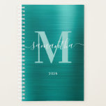 Agenda Monograma de Assinatura Teal em Aqua Metálico<br><div class="desc">Crie seu próprio nome personalizado feminino e planejador de tamanho pequeno monograma ou livro de compromisso para ela. O gráfico de arte digital em folha metálica falsa será impressão como uma foto. O monograma contemporâneo branco e branco,  com design de caligrafia elegante com estilo de assinatura,  pode ser personalizado.</div>
