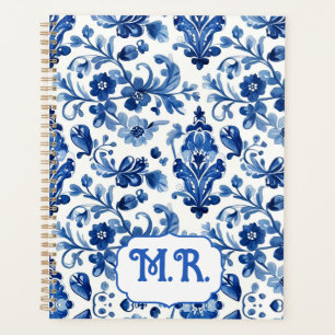 Agenda Monograma de Azulejo Floral Azul Mediterrâneo