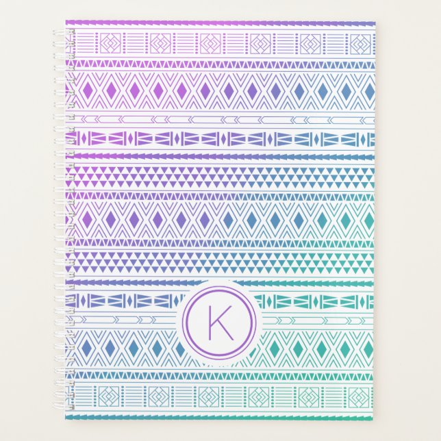 Agenda Monograma de Boho Azul Roxo (Frente)