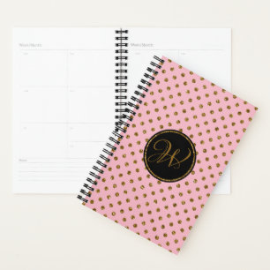 Agenda Monograma de Bolinhas Douradas, cor-de-rosa modern