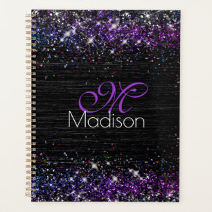 Agenda Monograma de brilho de metal preto roxo