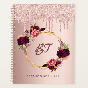 Agenda monograma de burgundy com brilho dourado rosa 2025