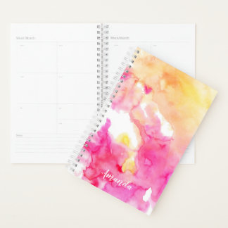 Agenda Monograma de Cor de Água de Mão Cor de Rosa e Lara