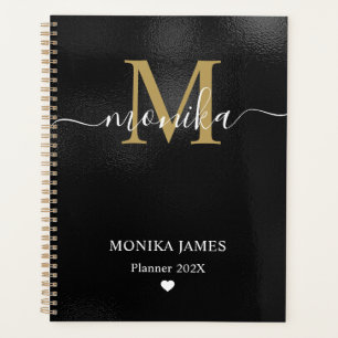 Agenda Monograma de Coração Dourado em Metal Preto Escova