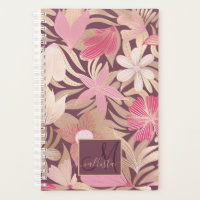 Monograma de Folhas Florais Douradas, Rosa Burgund
