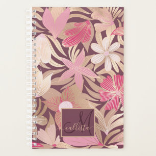 Agenda Monograma de Folhas Florais Douradas, Rosa Burgund