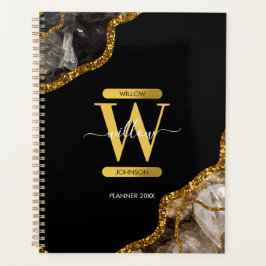 Agenda Monograma de Glitter de Geodo de Agato Preto e Dou
