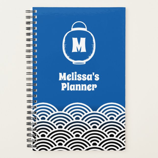 Agenda Monograma de Lanterna e Padrão de Onda Japonês (Frente)