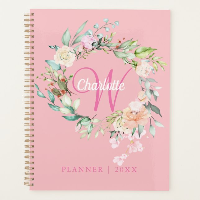 Agenda Monograma de Letra com Flores de Rosas Rosas 2023 (Frente)