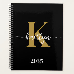 Agenda Monograma de Letra Cursiva em Preto e Dourado