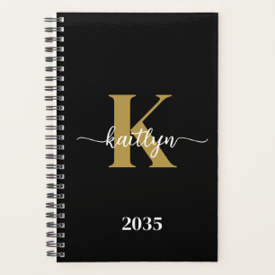 Agenda Monograma de Letra Cursiva em Preto e Dourado