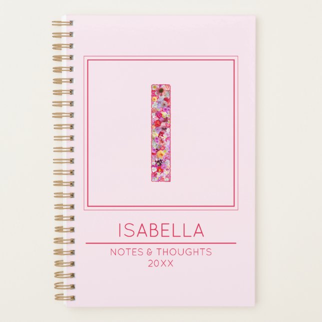 Agenda Monograma de Letra I Floral Rosa Simples (Frente)