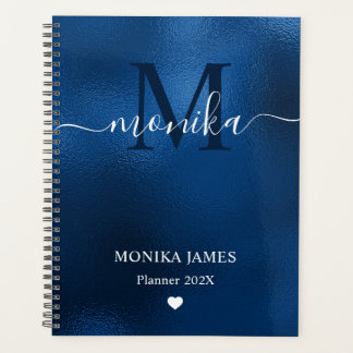 Agenda Monograma de Metal Polido Azul Real Moderno