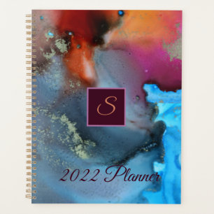 Agenda Monograma de Ondas Vermelhas Abstrato Azul Laranja