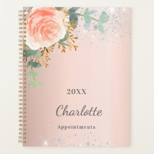 Agenda monograma de ouro rosa prateado floral de 2022