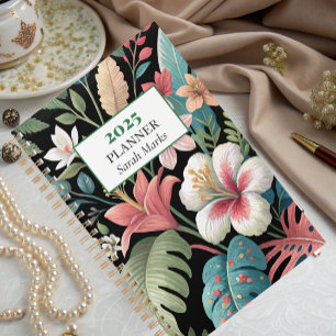 Agenda Monograma de Padrão Botânico Tropical Negrito
