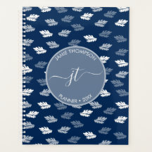 Monograma de Padrão de Folhas Azul marinho