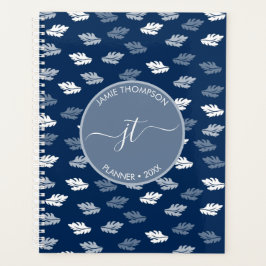 Agenda Monograma de Padrão de Folhas Azul marinho