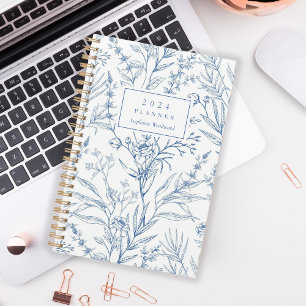 Agenda Monograma de Padrão Floral Branco Delicado 2024