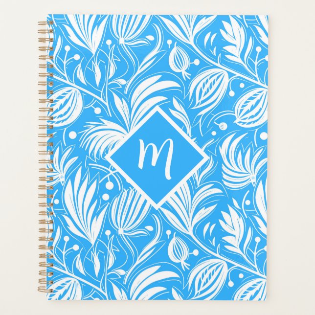 Agenda Monograma de Padrão Floral Tropical Azul (Frente)