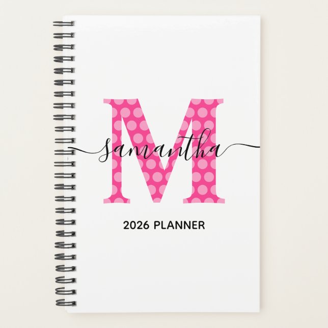 Agenda Monograma de Pontos Polka Rosa Feminino (Frente)