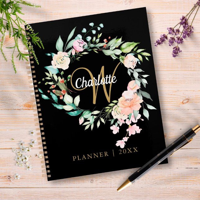 Agenda Monograma de Rosas Florais em Script Preto Dourado (Criador carregado)